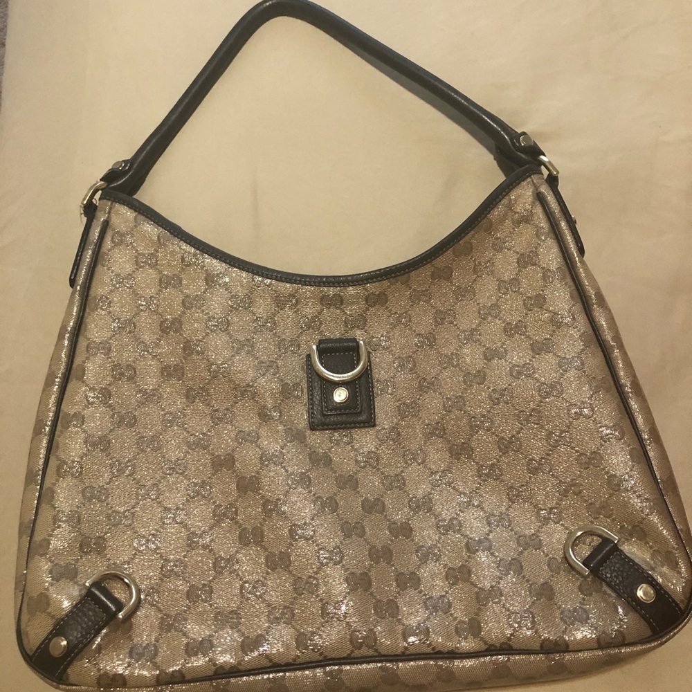 Authentic Gucci D Ring Abbey Canvas/Leather Hobo